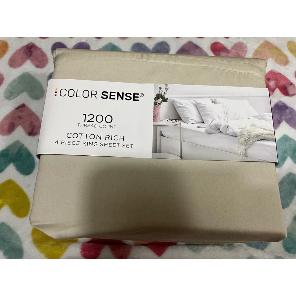 Color Sense 1200 Thread Count Cotton Rich 4 Piece King Sheet Set Tan Beige New